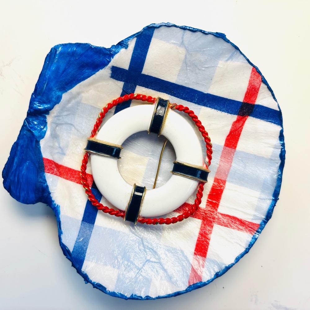 Handcrafted Scallop Shell Ring Dish W/ Red,White & Blue Plaid Decoupage Design